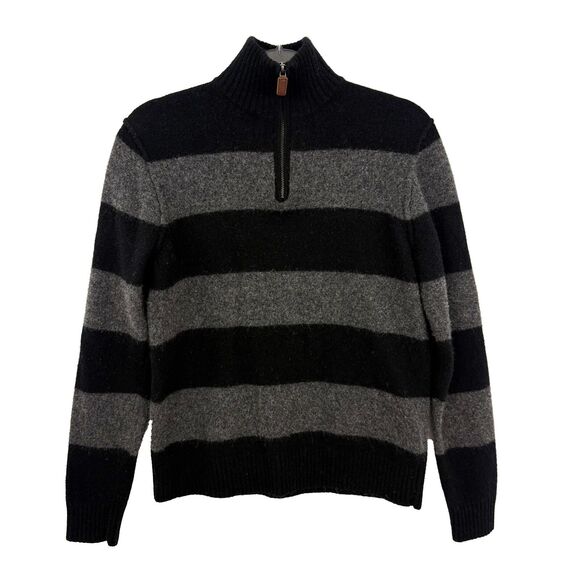 J.CREW Men's Lambs Wool Quarter Zip Sweater S/M Striped Black Gray EUC B6 - Picture 1 of 5